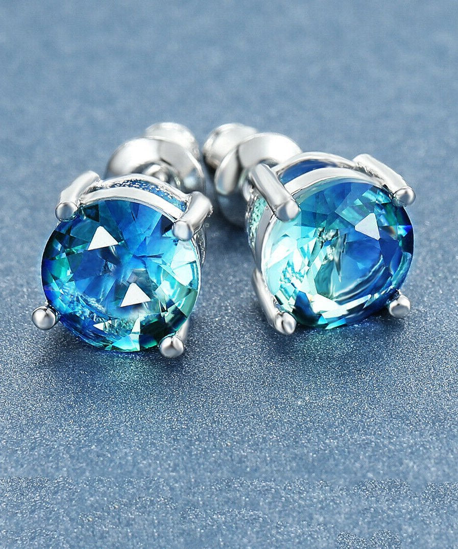 1.25ct Round Cut Aquamarine Stud Earrings Bi Color With Crystals in 18K White Gold Plated ITALY Design