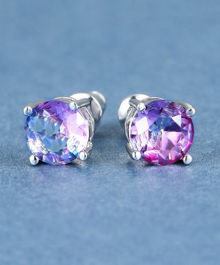 1.25ct Round Cut Purple & Pink  Stud Earrings Bi Color With  Crystals in 18K White Gold Plated ITALY Design