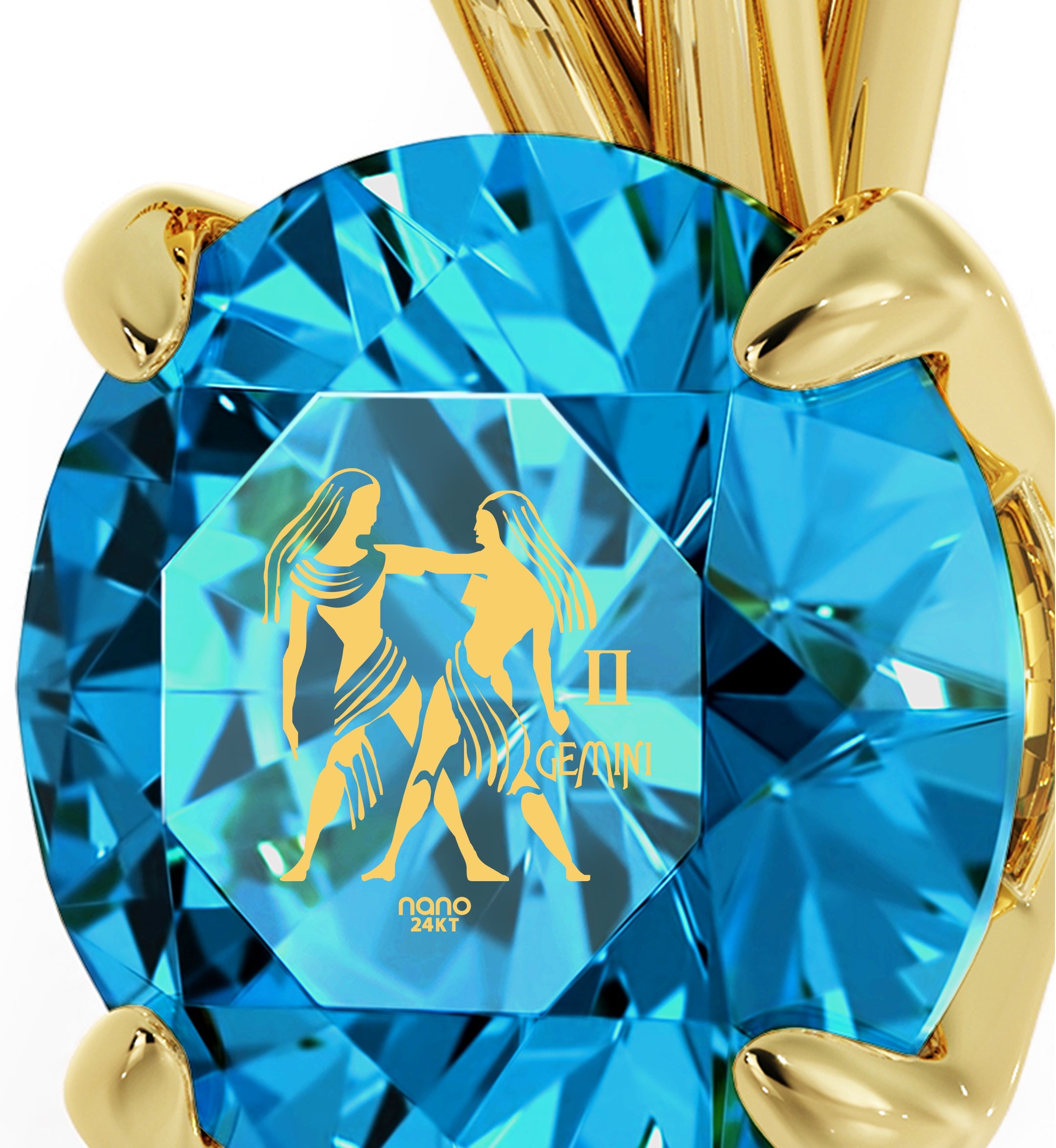 14k Yellow Gold Gemini Necklace Zodiac Pendant 24k Gold Inscribed on Crystal