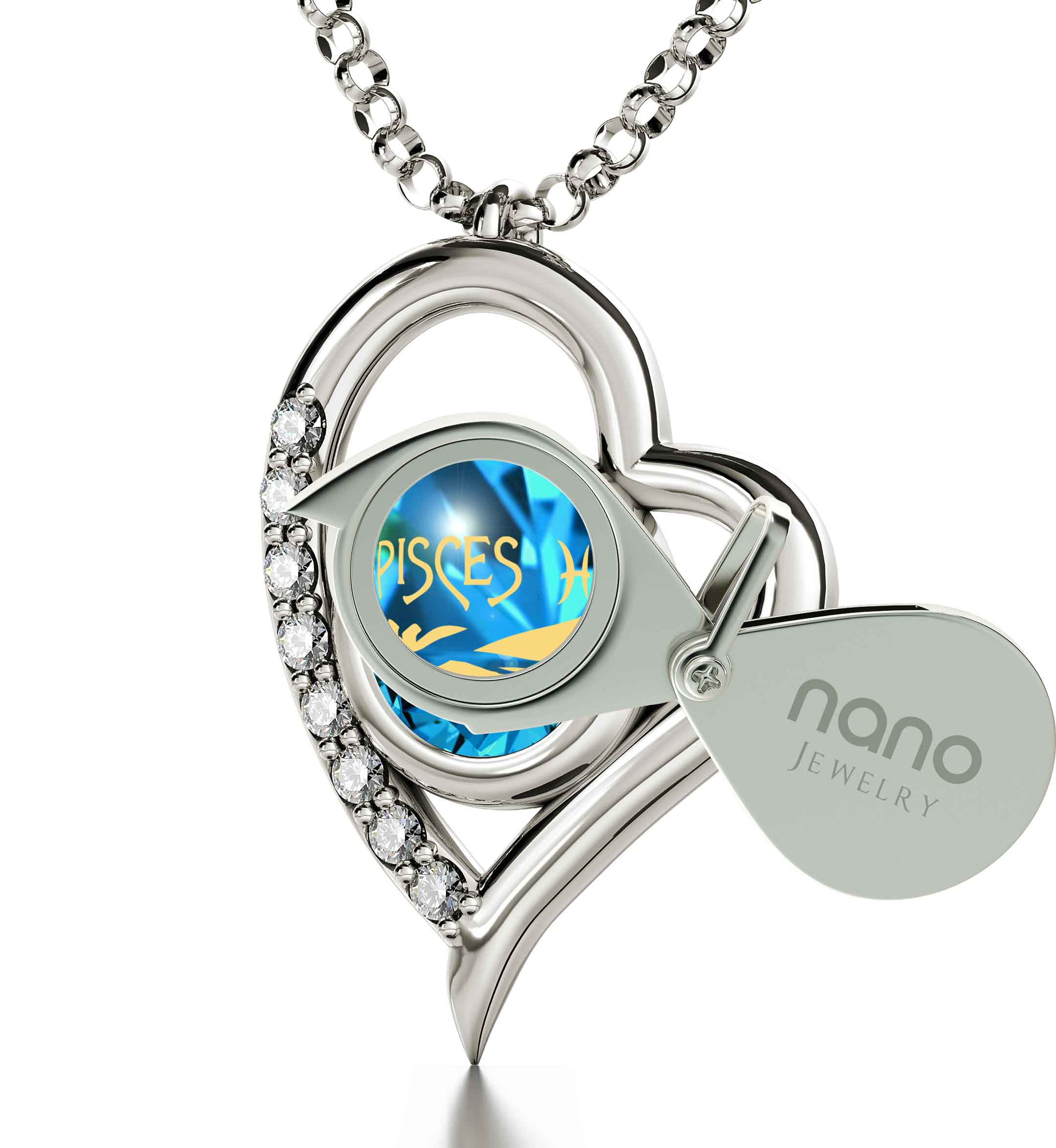 925 Sterling Silver Zodiac Heart Pendant Pisces Necklace 24k Gold Inscribed on Crystal