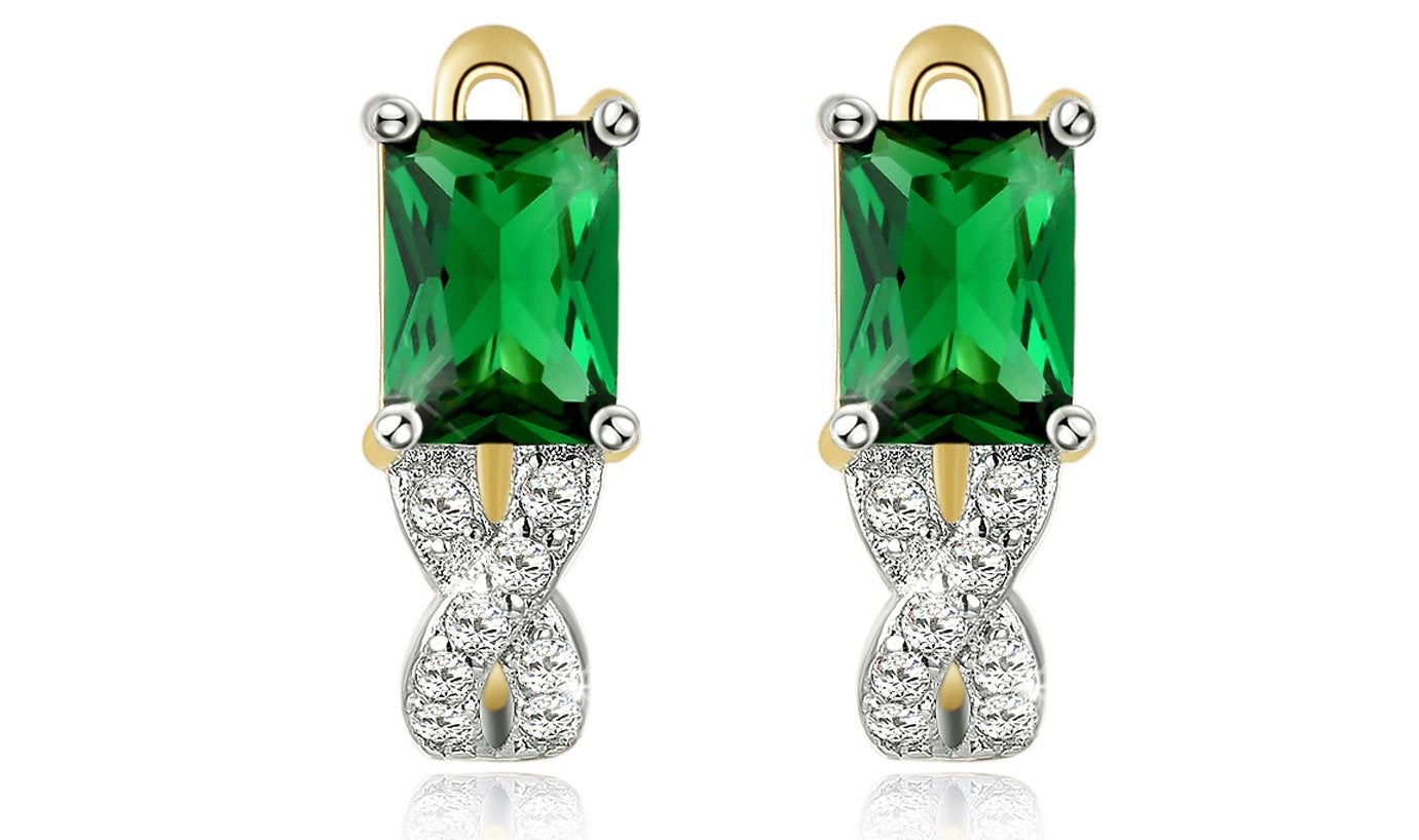 14K Gold Plating Emerald Cut Green Elements Twisted Pav'e Lever back Earrings ITALY Design