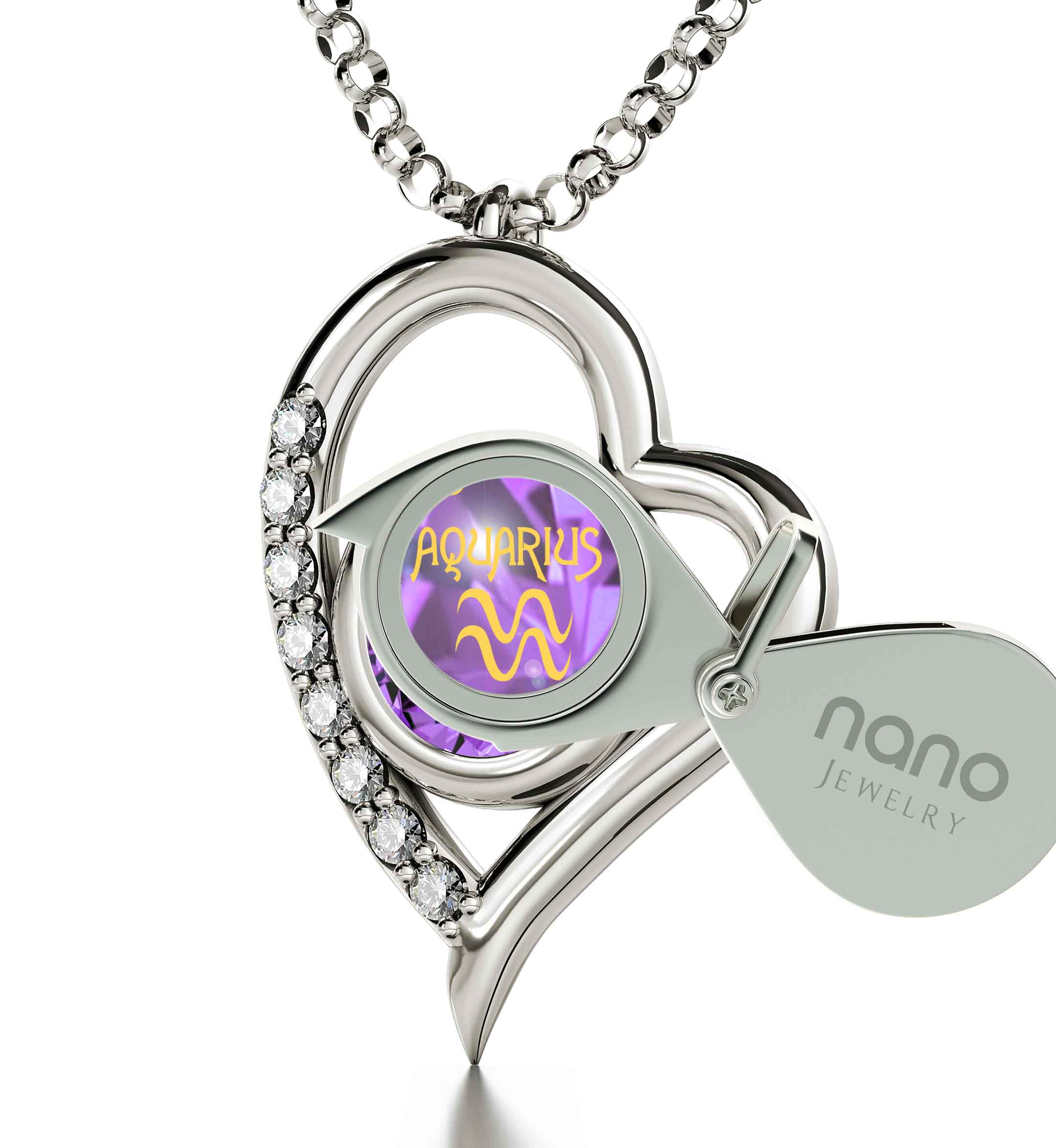 925 Sterling Silver Aquarius Necklace Zodiac Heart Pendant 24k Gold inscribed on Crystal
