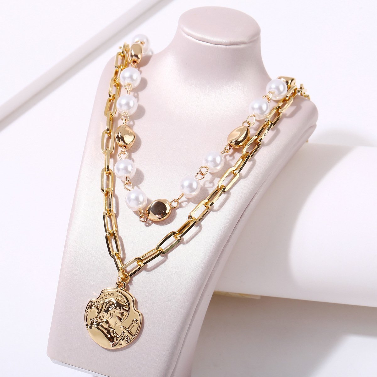 2 Piece Pearl Coin Head Necklace 18K Gold Plated Necklace ITALY Design