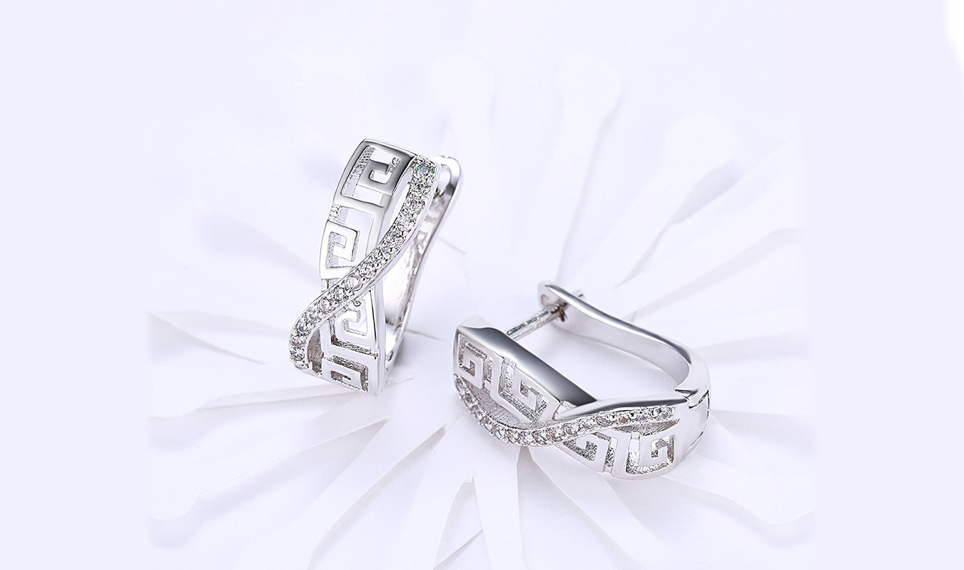 14K White Gold Plated White Sapphire Pav'e Greek Key Design Pav'e Curved Hinge Earrings