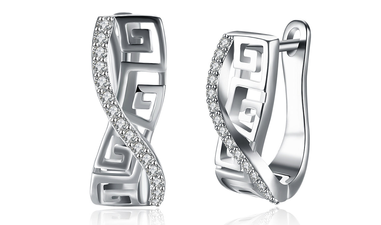 14K White Gold Plated White Sapphire Pav'e Greek Key Design Pav'e Curved Hinge Earrings