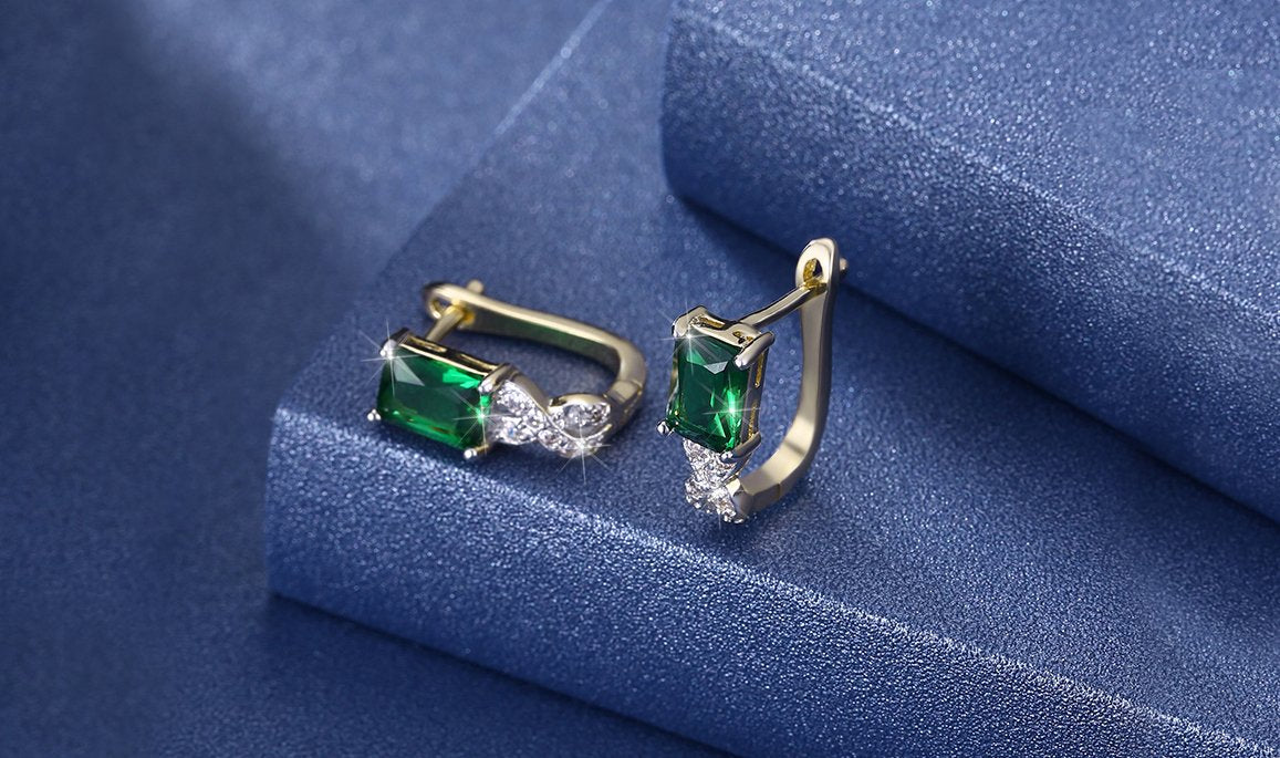 14K Gold Plating Emerald Cut Green Elements Twisted Pav'e Lever back Earrings ITALY Design